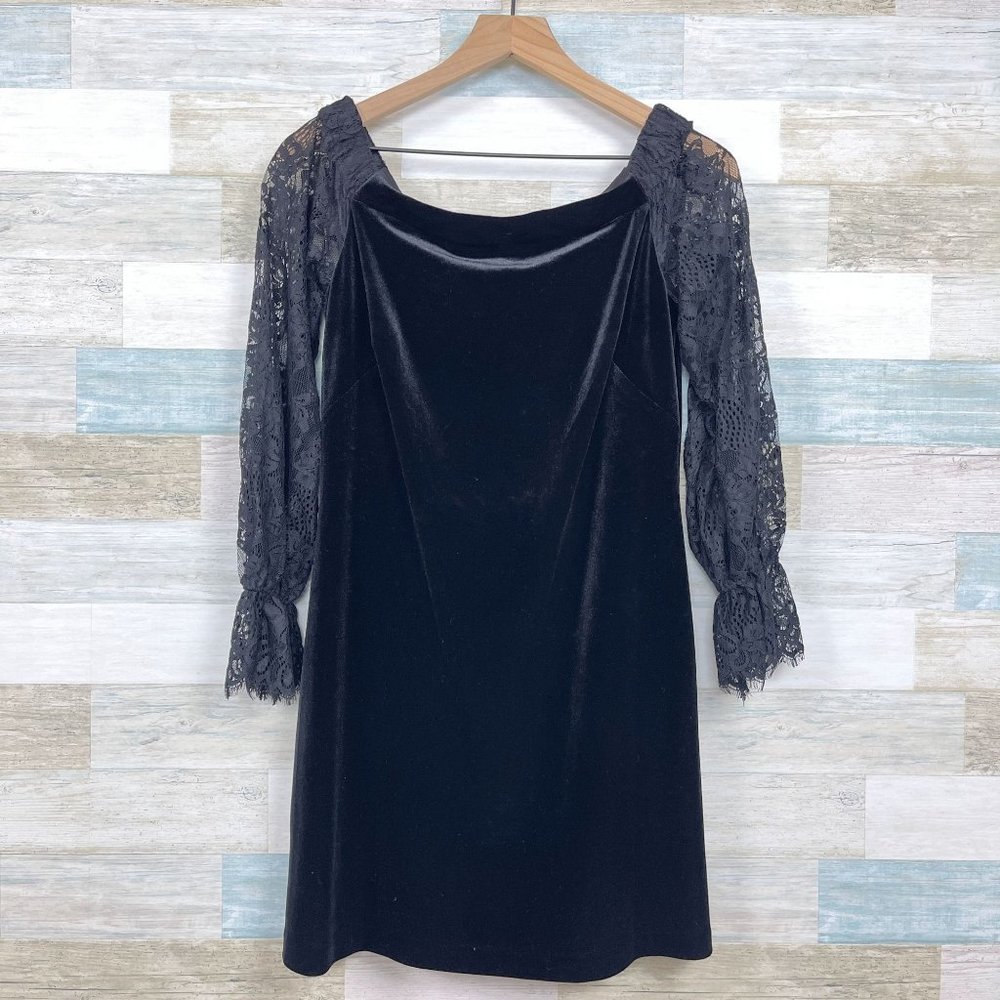 WHBM Off The Shoulder Lace Sleeve Velvet Shift Dress Black Cocktail Womens 6